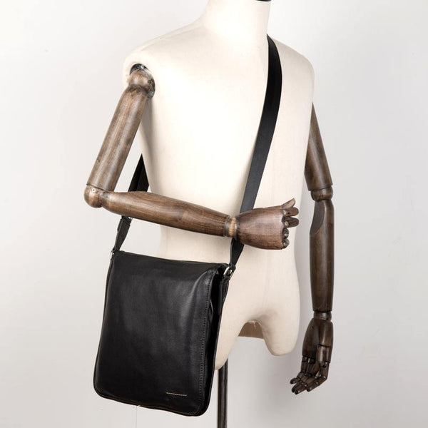 Black Leather 10 inches Mens Small Vertical Messenger Bags Postman Bags Courier Bag for Men - iwalletsmen