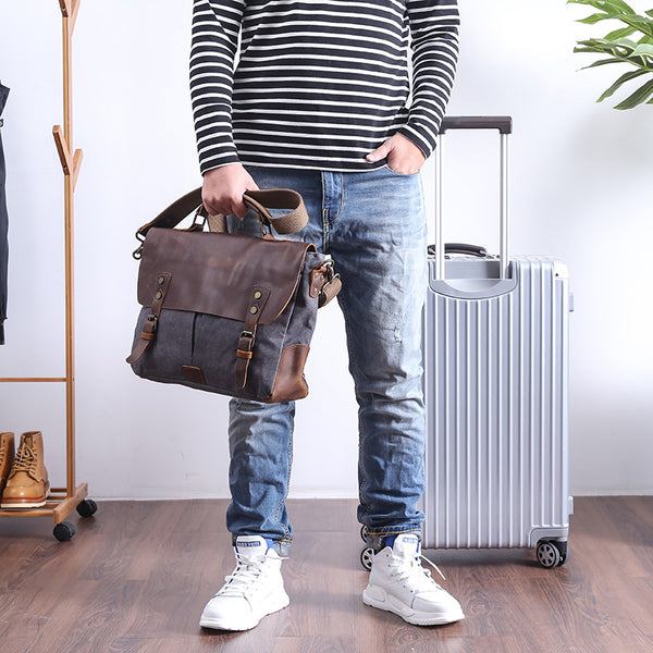 Casual Canvas Leather Mens Khaki Handbag 14'' Side Bag Gray Messenger Bag For Men - iwalletsmen