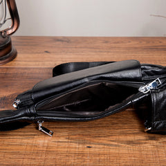 Cool Black Leather Mens Sling Bag Chest Bag One-Shoulder Backpack For Men - iwalletsmen