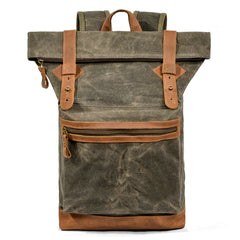 Waxed Canvas Leather Mens 15'' Hiking Green Backpack Black Computer Backpack Travel Backpack for Men - iwalletsmen