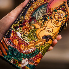 Handmade Leather Tooled Yellow Jambhala Mens Chain Biker Wallet Cool Leather Wallet Zipper Long Phone Wallets for Men