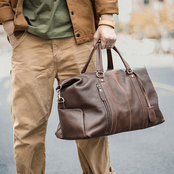 Black Leather Mens Casual Large Travel Bag Shoulder Weekender Bag Duffle Bag For Men - iwalletsmen