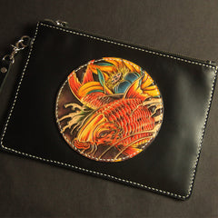 Cool Handmade Tooled Leather Carp Clutch Wallet Wristlet Bags Clutch Purse For Men - iwalletsmen