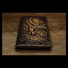 Handmade Leather Tooled Alien-Predator Mens Long Wallet Cool Leather Wallet Clutch Wallet for Men