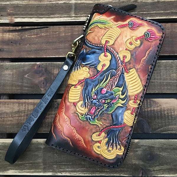 Black Handmade Tooled Brave troops Leather Long Biker Wallet Chain Wallet Clutch Wallet For Men - iwalletsmen