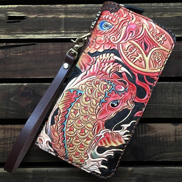 Black Handmade Carp Toad Tooled Leather Long Biker Wallet Black Chain Wallet Clutch Wallet For Men - iwalletsmen