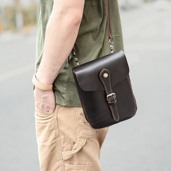 Dark Brown Vintage Leather Mens Small Messenger Bag Waist Bag Belt Pouch Bag For Men - iwalletsmen