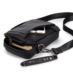 Black Mini Leather Mens Side Bag Black Messenger Bags Postman Bag Courier Bag for Men - iwalletsmen