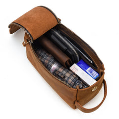 Brown Leather Men's Clutch Bag Double Zipped Dark Brown Wristlet Handbag Storage Bag For Men - iwalletsmen