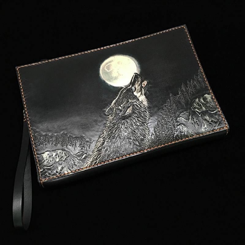 Black Handmade Tooled Leather Carp Toad Clutch Wallet Wristlet Bag Clutch Purse For Men - iwalletsmen