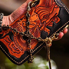 Handmade Leather Tooled Chinese Dragon Mens Chain Biker Wallet Cool Leather Wallet Zipper Long Phone Wallets for Men