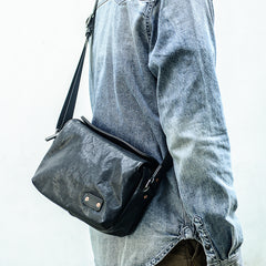 Casual Black Leather Mens 10 inches Side Bag Small Messenger Bag Black Postman Bag For Men - iwalletsmen