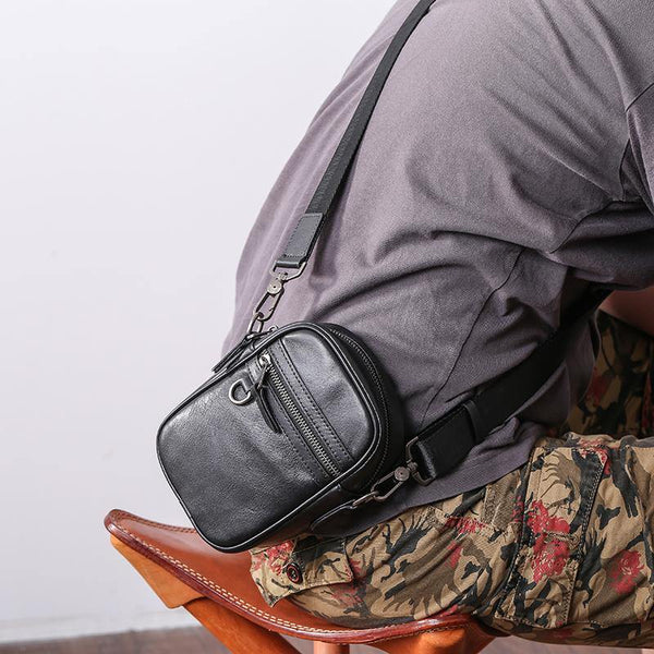 Black Leather MENS Small Vertical Side Bag Black MIni Messenger Bag Mobile Bag For Men - iwalletsmen