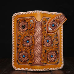 Handmade Mens Cool Tooled Floral Leather Chain Wallet Biker Trucker Wallet with Chain