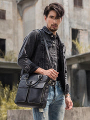 Black Casual Leather Mens 10 inches Vertical Briefcase Side Bags Postman Bag Black Work Bag Courier Bag for Men - iwalletsmen