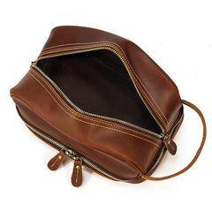Brown Leather Men's Clutch Bag Double Zipped Wristlet Handbag Storage Bag For Men - iwalletsmen