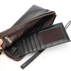 Black Leather Mens Long Wallet Zipper Clutch Wallet Brown Wristlet Long Wallet For Men - iwalletsmen