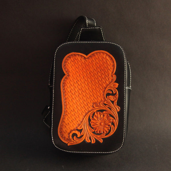 Cool Handmade Tooled Leather Floral Sling Bag Chest Bag One Shoulder Backpack For Men - iwalletsmen