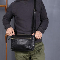 Vintage Black Leather Mens Cool Small Side Bag Messenger Bag Brown Postman Courier Bag for Men - iwalletsmen