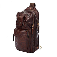Fashion Black Leather Mens Sling Bag Chest Bag Sling Pack Tan One Shoulder Backpack For Men - iwalletsmen