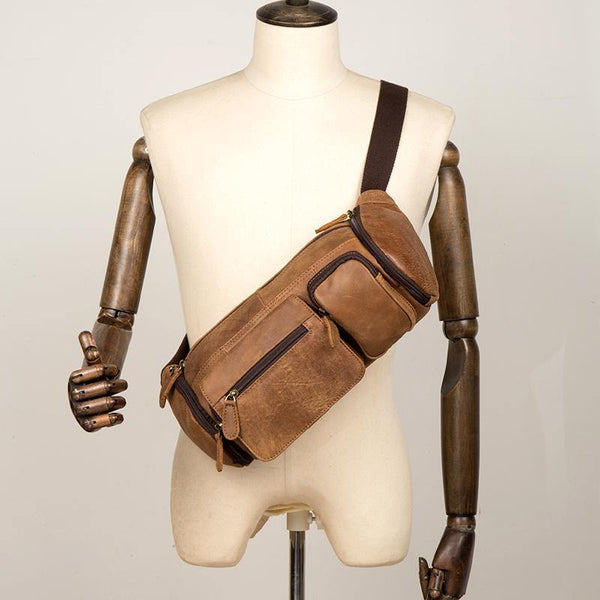 Cool Brown Leather Mens Large Fanny Pack Barrel Waist Bag Chest Bag Hip Pack Bum Pack for men - iwalletsmen