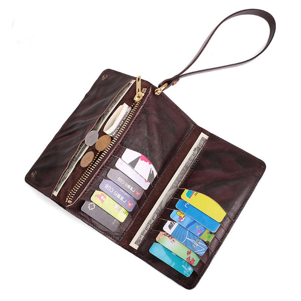 Cool Leather Long Wallet for Men Vintage Trifold Long Wallet Wristlet Wallet - iwalletsmen