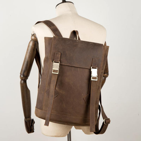 Casual Dark Brown Leather Mens 14 inches School Backpacks Satchel Backpack Computer Backpack for Men - iwalletsmen