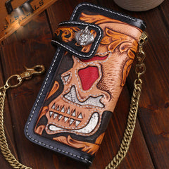 Handmade Leather Skull Mens Chain Biker Wallet Cool Leather Wallet Long Tooled Wallets for Men