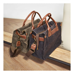 Mens Green Canvas Leather 14inch Black Briefcase Handbag Work Bag Business Side Bag for Men - iwalletsmen