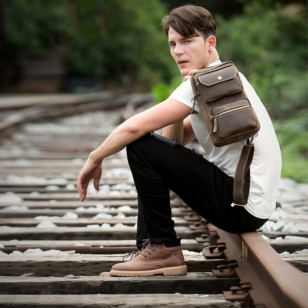 Cool Brown Leather Mens Sling Pack Sling Bags Coffee Crossbody Pack Chest Bag for men - iwalletsmen