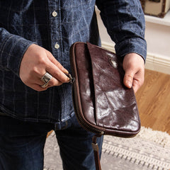 Coffee Leather Mens Clutch Wallet Wristlet Wallet Zipper Wallet Clutch for Men