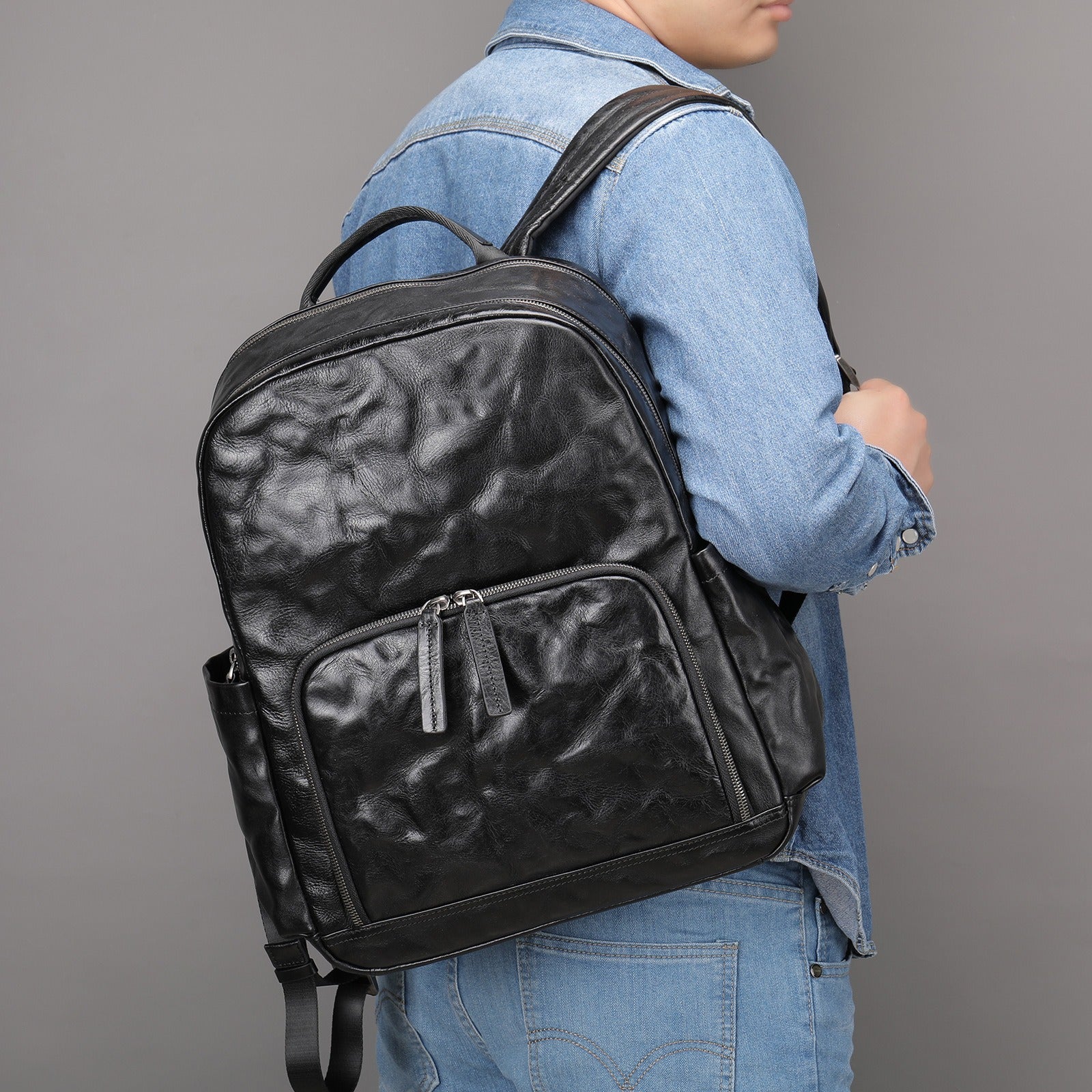 Black Leather Mens Backpack 15'' Laptop Rucksack Wrinkle School Backpack For Men