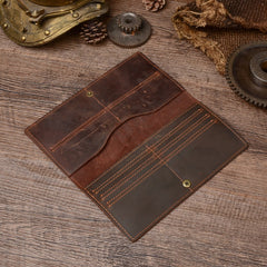 Brown Leather Men's Long Wallet Bifold Brown Slim Front Pocket Wallet For Men
