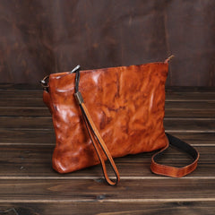 Coffee Leather Mens Wristlet Bag Clutch Wrinkled Slim Messenger Bag Side Bag for Men