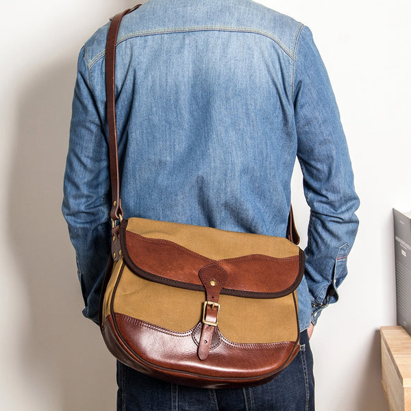 Mens Khaki Canvas Leather Saddle Side Bag Saddle Messenger Bag For Men