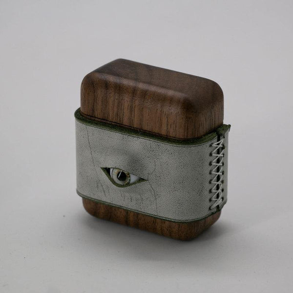 Handmade Green Leather Coffee Wood AirPods 1,2 Case with Eye Custom Leather AirPods 1,2 Case Airpod Case Cover - iwalletsmen