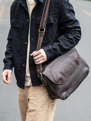 Black Leather Mens Casual 10'' Courier Bags Messenger Bags Dark Coffee Gray Postman Bag For Men - iwalletsmen