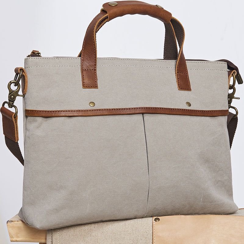 Mens Gray Canvas 14inch Briefcase Handbag Work Bag Business Bag for Men - iwalletsmen