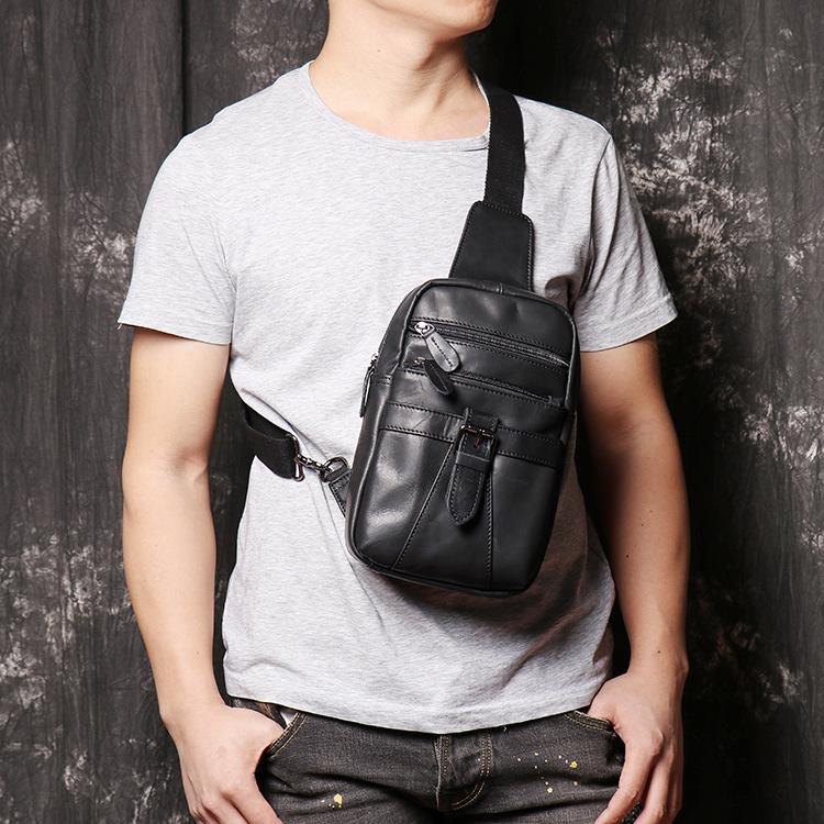 black leather sling bag backpack Black Leather Sling Backpack Sling Bag Chest Bag One shoulder Backpack – iwalletsmen