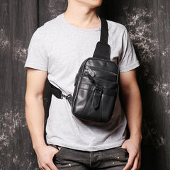Black Leather Sling Backpack Sling Bag Chest Bag One shoulder Backpack Black Sling Pack For Men - iwalletsmen