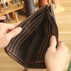 Vintage Dark Brown Leather Mens Phone Wallet Clutch Bag Wristlet Bag Zipper Long Wallet For Men - iwalletsmen