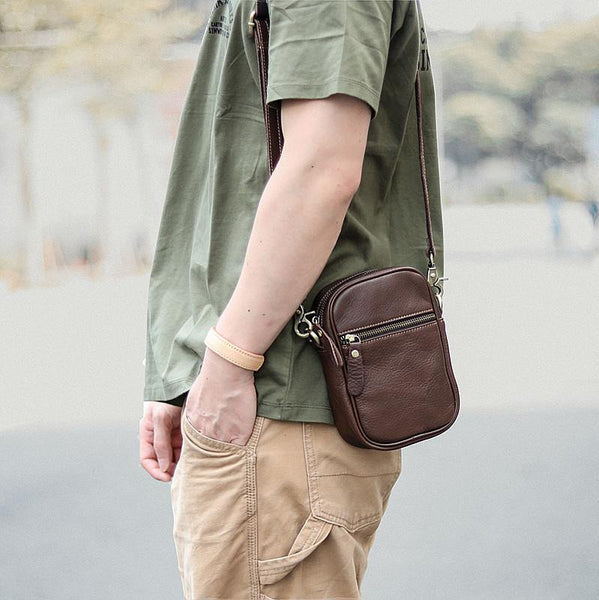Black Leather Mens Mini Casual Side Bag Messenger Bags Brown Postman Bag For Men - iwalletsmen
