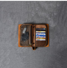 Brown Leather Mens Bifold Canvas Travel Clutch Bag Long Wallet For Men - iwalletsmen