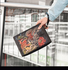 Handmade Black Tooled Dragon Carp Leather Messenger Bag Side Bag Clutch Wristlet Bag For Men - iwalletsmen