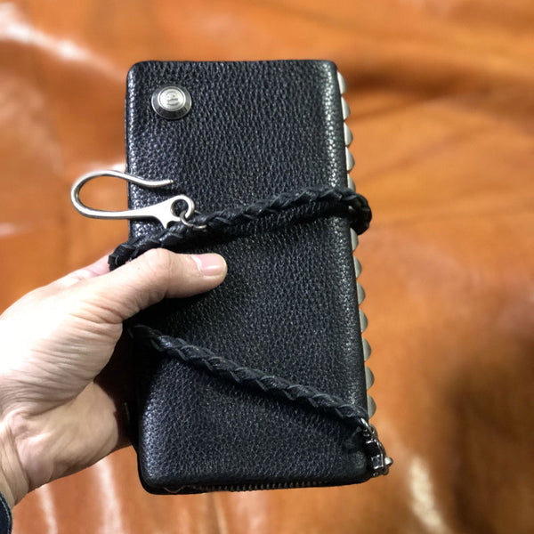 Genuine Leather Mens Cool Biker Chain Wallet Long Leather Wallet Clutch Wristlet Wallet for Men