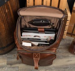 Black Fashion Mens Leather 15-inch Computer Barrel Backpack Brown Travel Bucket Backpacks School Backpacks for men - iwalletsmen