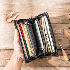 Cool Black Leather Mens Long Wallet Zipper Clutch Wallet Long Wallet Phone Bag Wristlet Wallet for Men - iwalletsmen