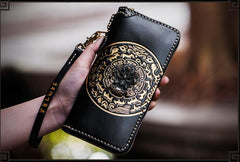 Handmade Leather Tibetan Mens Chain Biker Wallet Cool Leather Wallet Long Clutch Wallets for Men