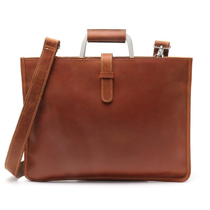 Slim Brown Leather Men's 13 inches Side Courier Bag Messenger Bag Briefcase Work Purse For Men - iwalletsmen