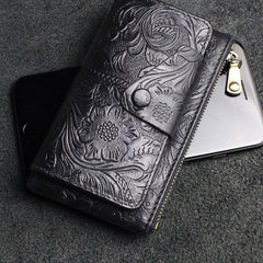 Handmade Leather Floral Mens Cool Key Wallet Wallet Card Holder Small Card Keychain Wallets for Men